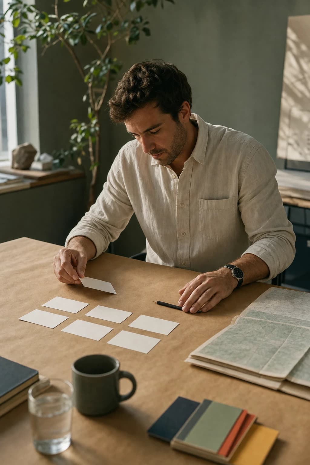 A founder arranging blank cards and a paper map at a planning table